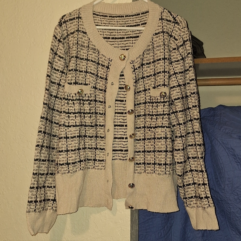 Cream and Black Plaid Cardigan